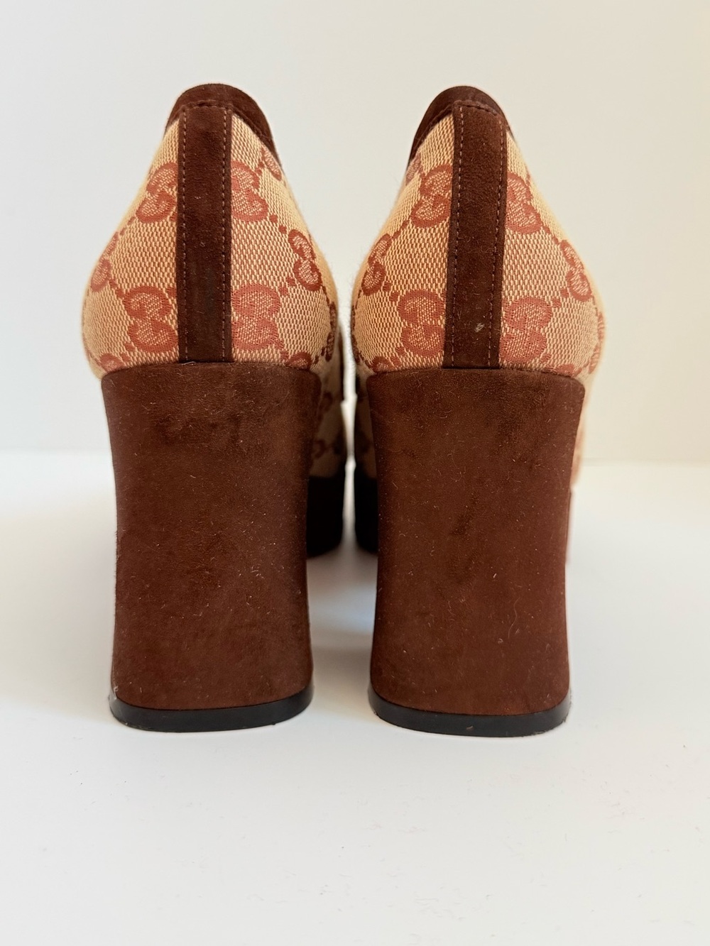 Gucci Horsebit GG Canvas Platform Pumps Monogram Brown Suede Block Heels EU 39 - Picture 4 of 11